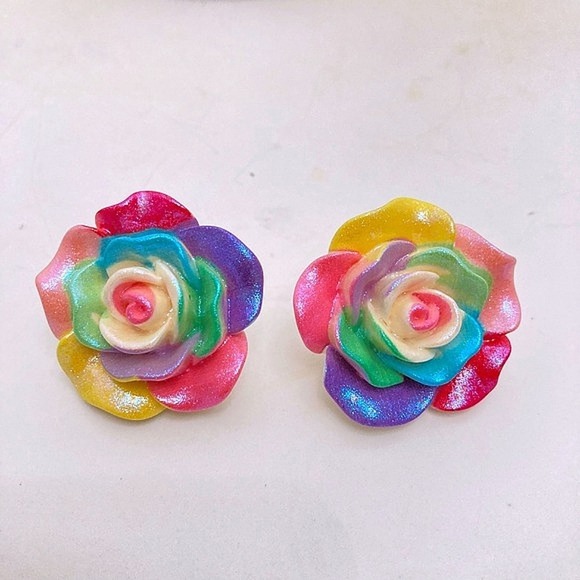 Flower rainbow Rose stud statement earrings Boho multicolor acrylic 💖 - Picture 10 of 17